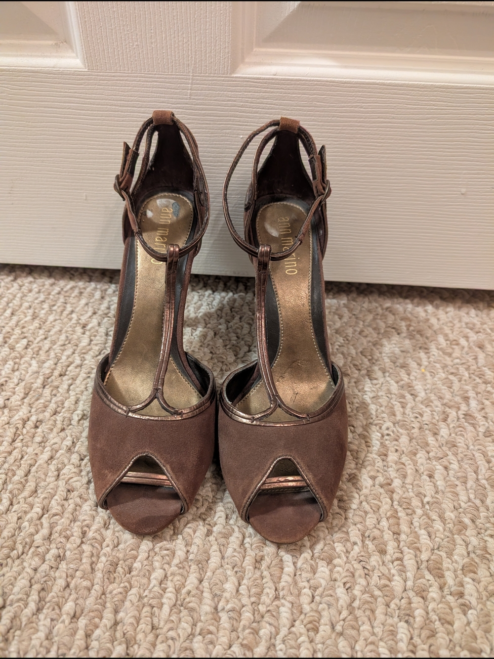 Ann Marino Brown T-Strap Peep-Toe Heels
